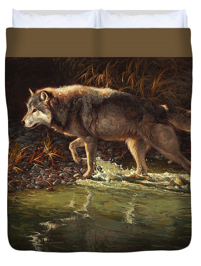 Wolf Duvet Cover featuring the painting Dawn Patrol by Greg Beecham