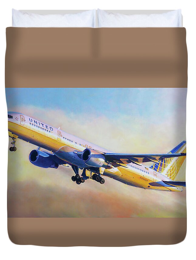 Airlines Duvet Cover featuring the painting Dawn Take Off by Douglas Castleman