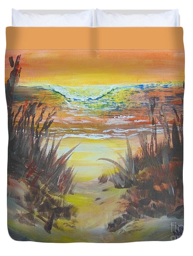 Beach Duvet Cover featuring the painting Dawn's Early Light by Saundra Johnson