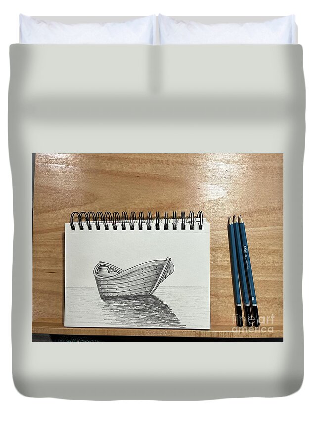  Duvet Cover featuring the drawing Day 130 Boat Sketch by Donna Mibus
