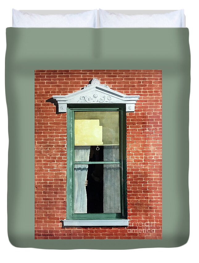 An Upstairs Window Of The Perkins Building In Downtown Coffeyville Shows A Hand Pulling Back A Curtain. Duvet Cover featuring the painting Day Of The Daltons by Monte Toon