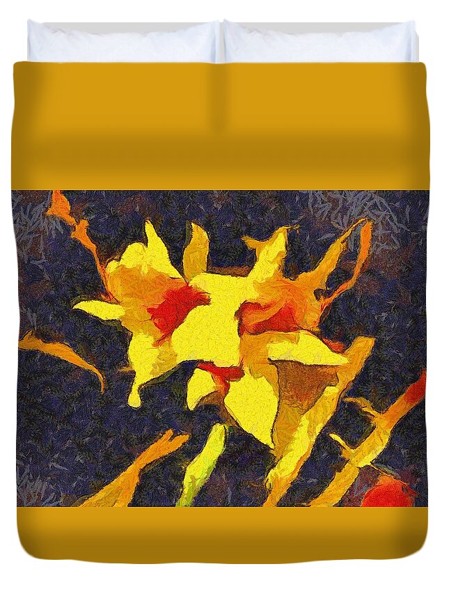 Lily Duvet Cover featuring the mixed media Daylilies at Night by Christopher Reed