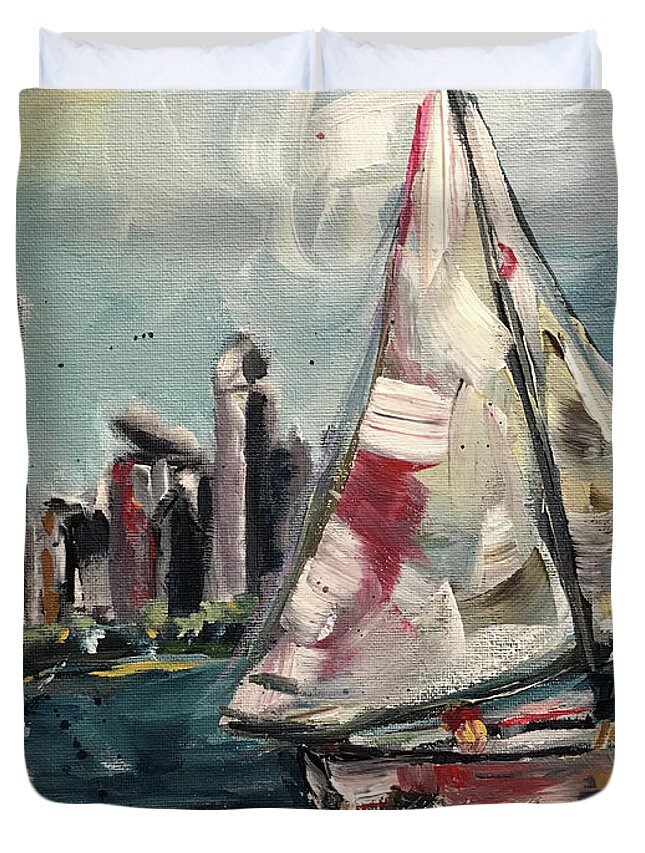 Sailboats Duvet Cover featuring the painting Daytime Sailing Chicago by Roxy Rich