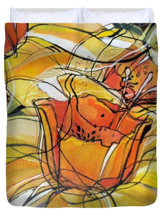Daffodils Duvet Cover featuring the mixed media Dazzling Dancing Daffodils by Eleatta Diver by Eleatta Diver