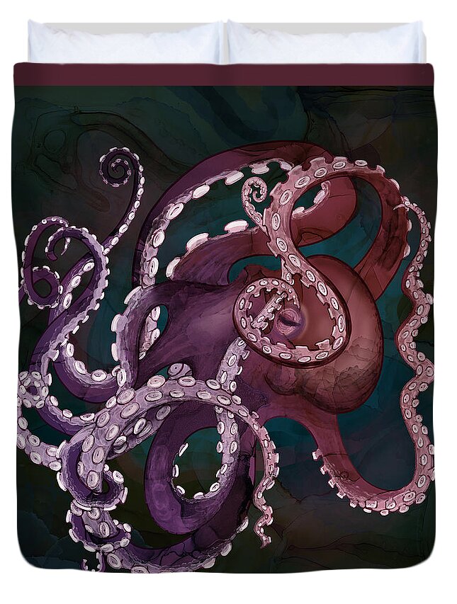 Deep Ocean Duvet Cover featuring the digital art Deep Sea Purple Octopus by Andreea Dumez