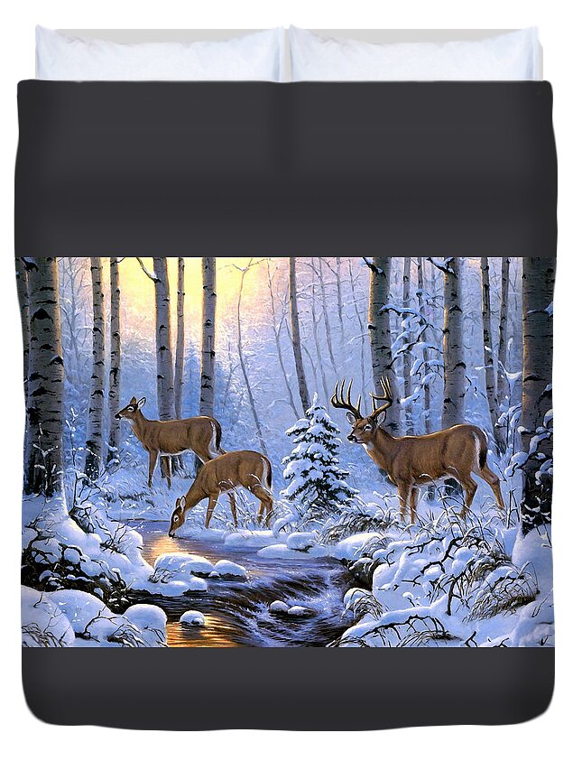 Deer Family Duvet Cover featuring the mixed media A Deer Family Winter Sunrise Scene by Sandi OReilly