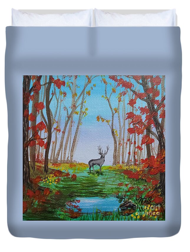 Deer Duvet Cover featuring the painting Deer In Fall by Monika Shepherdson