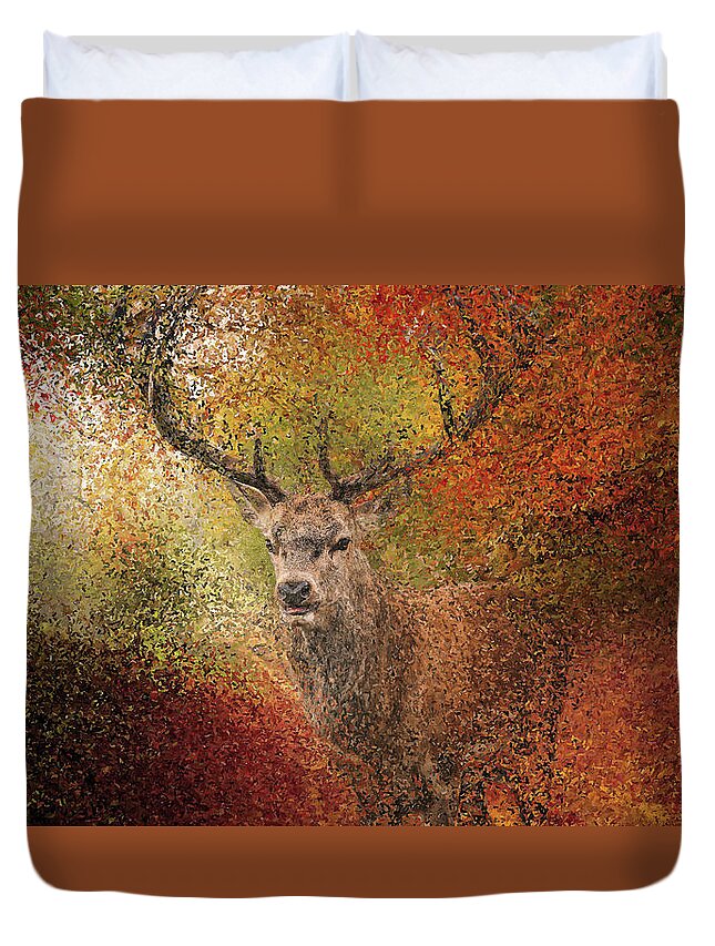 Deer Duvet Cover featuring the painting Deer in the autumn forest by Alex Mir