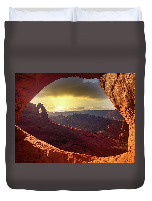 Utah Duvet Cover featuring the photograph Delicate Arch through a window by Bradley Morris