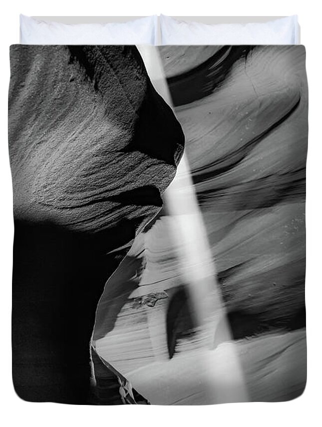Antelope Canyon Duvet Cover featuring the photograph Descent Of Light - Antelope Canyon Monochrome by Gregory Ballos
