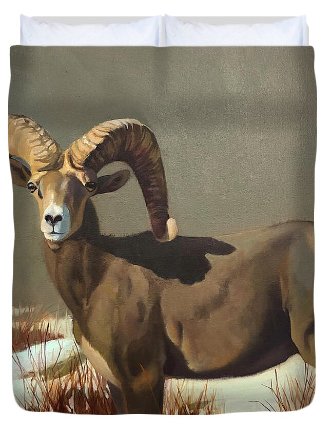 Nature Duvet Cover featuring the painting Desert Bighorn by Carolyne Hawley