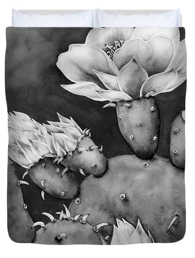Cactus Duvet Cover featuring the painting Desert Bloom in Black and White by Hailey E Herrera