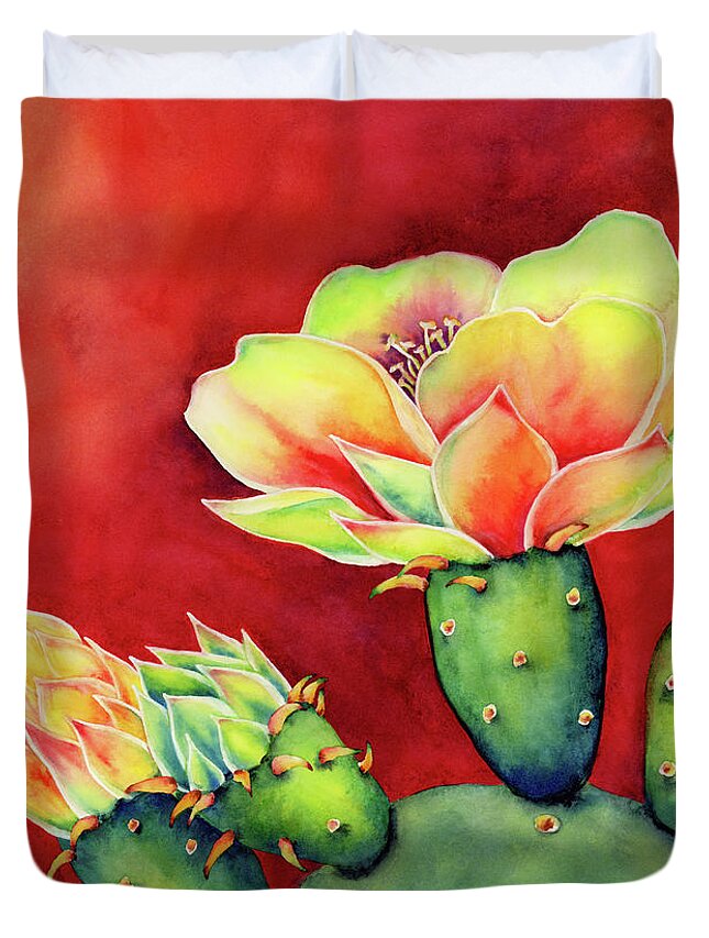 Cactus Duvet Cover featuring the painting Desert Bloom - Prickly Pear by Hailey E Herrera