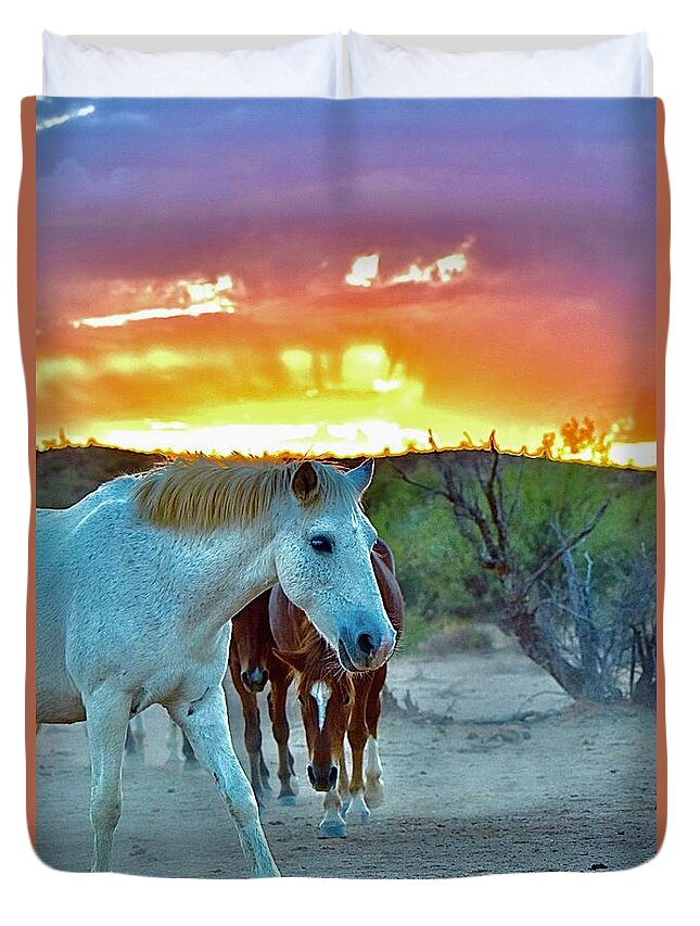 Salt River Wild Horses Duvet Cover featuring the digital art Desert Sunset by Tammy Keyes