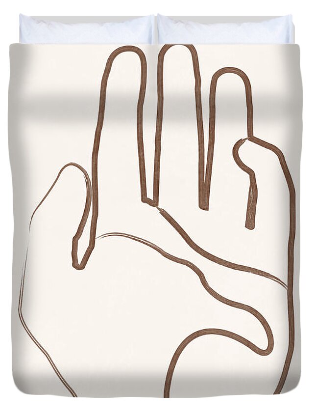 Hand Duvet Cover featuring the mixed media Destiny is in your hands - Minimal Line Art - Brown by Studio Grafiikka