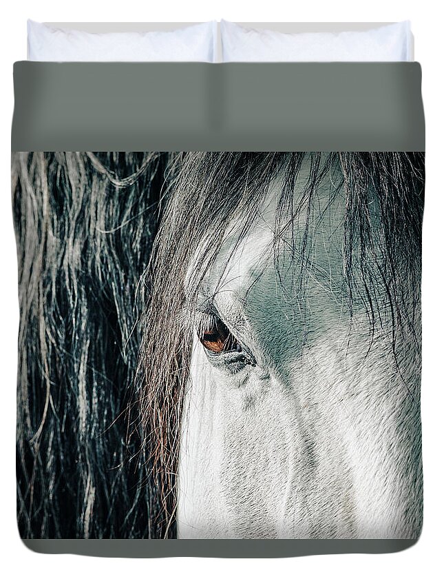 Beauty In Nature Duvet Cover featuring the photograph Details of horse's head by Benoit Bruchez