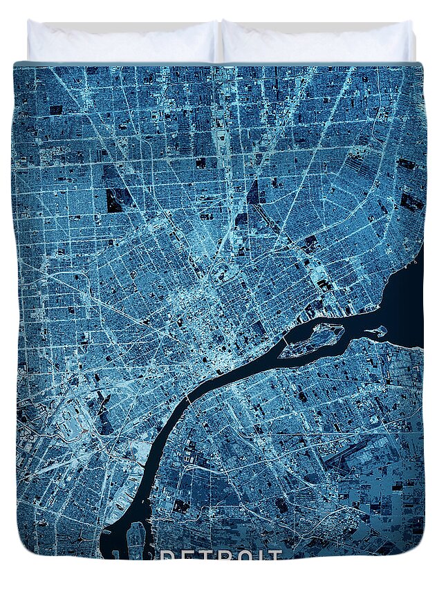 Detroit Duvet Cover featuring the digital art Detroit Michigan 3D Render Map Blue Top View May 2019 by Frank Ramspott