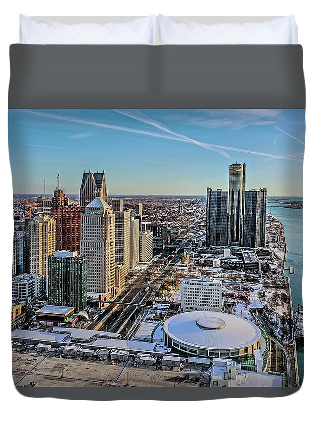 Detroit Duvet Cover featuring the photograph Detroit Skyline DJI_0433 by Michael Thomas