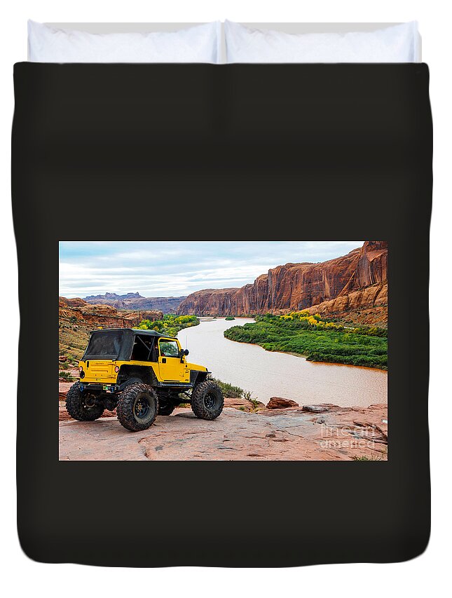 Jeep Duvet Cover featuring the photograph Jeep Overlooking Colorado River - Moab Rim Trail - Utah by Gary Whitton