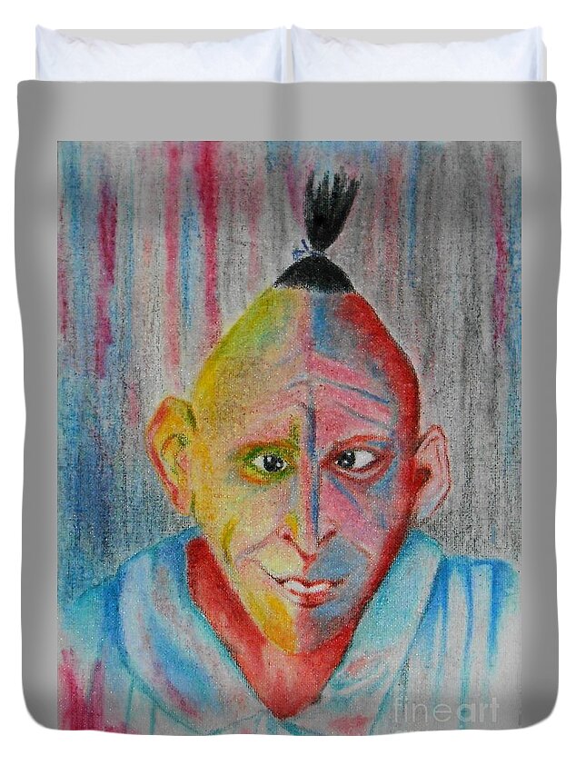 Microcephaly Duvet Cover featuring the drawing Diamond in the Rough -- Whimsical Portrait of Developmentally Disabled Man by Jayne Somogy