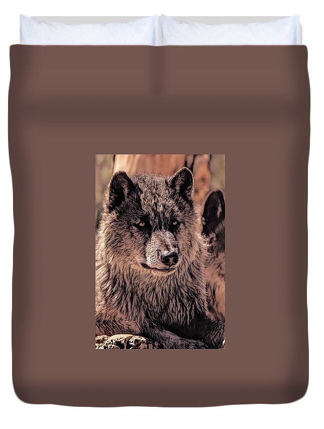 Wolf Duvet Cover featuring the photograph Digital Enhanced Wolf by MaryJane Sesto