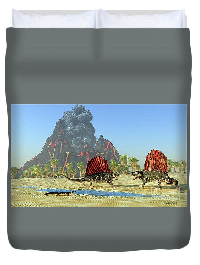 Dimetrodon Duvet Cover featuring the digital art Dimetrodon Dinosaur Fight by Corey Ford