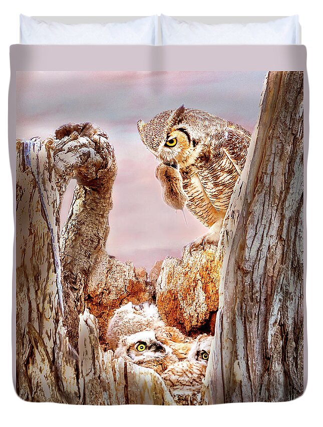 Great Horned Owl Duvet Cover featuring the photograph Dinner for the Great Horned Owl Family by Judi Dressler