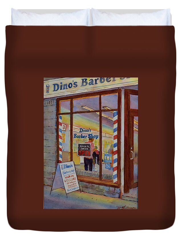 Canada Duvet Cover featuring the painting Dino's Barbershop by David Gilmore