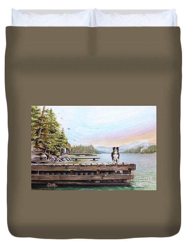Dock Duvet Cover featuring the painting Dock Dog by Jeanette Ferguson