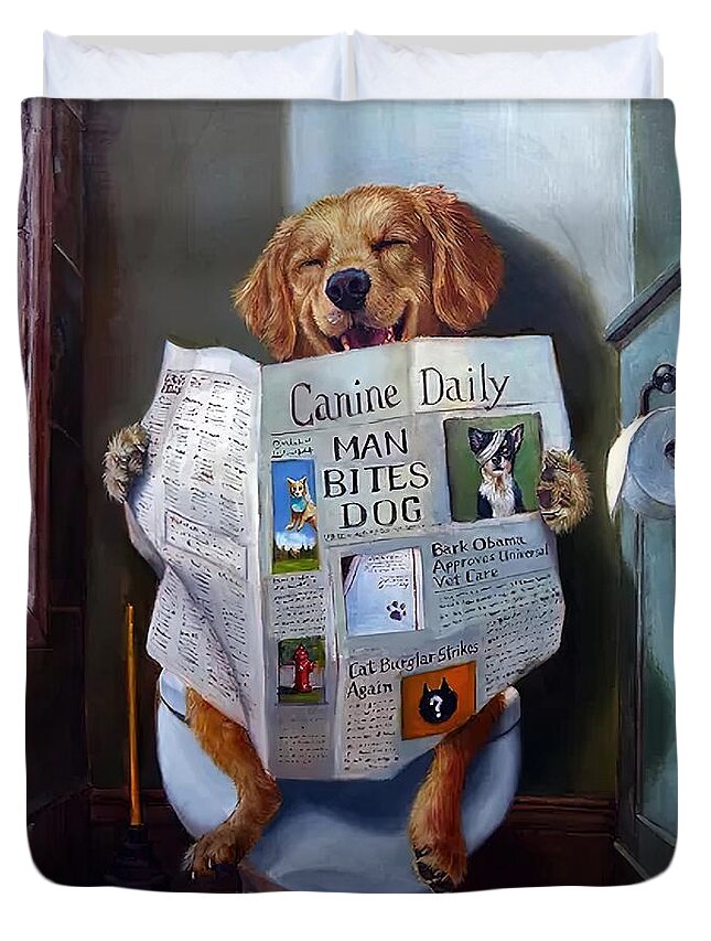  Happy Duvet Cover featuring the painting Dog Reading the Newspaper On Toilet Funny by Stewart Joanne