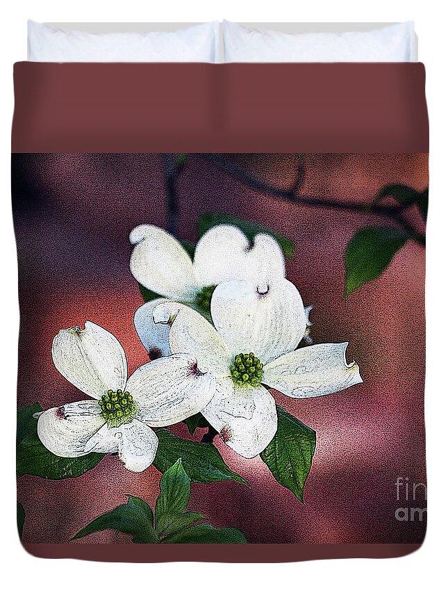 Dogwood; Flower; Blossom; White Flower; Tree; Raindrops; Rain; Water; Red; White; Green; Horizontal; Botanical; Nature; Duvet Cover featuring the digital art Dogwood in Red by Tina Uihlein