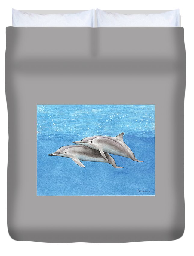 Dolphins Duvet Cover featuring the painting Dolphins by Bob Labno