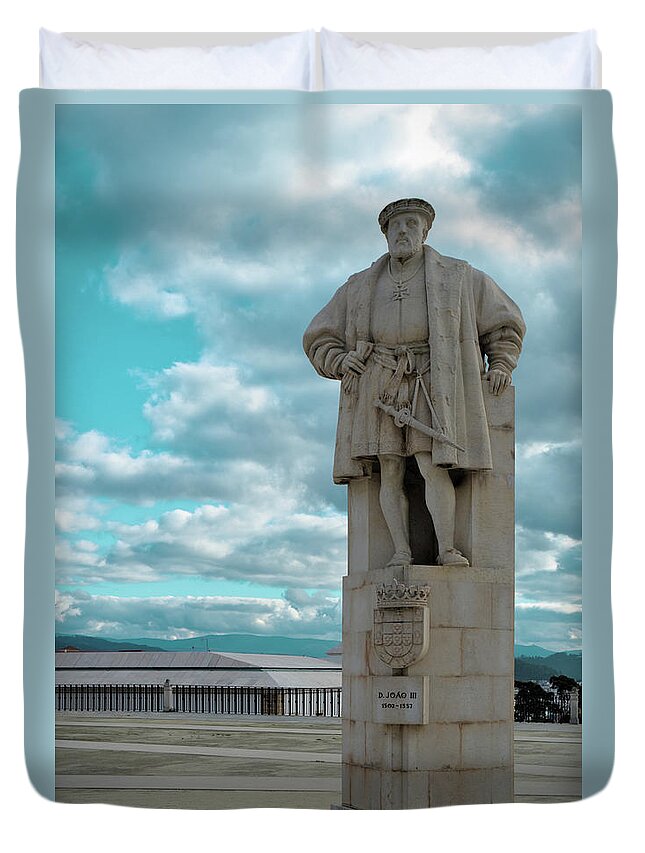 Coimbra University Duvet Cover featuring the photograph Dom Joao the 3rd statue in Coimbra University by Angelo DeVal