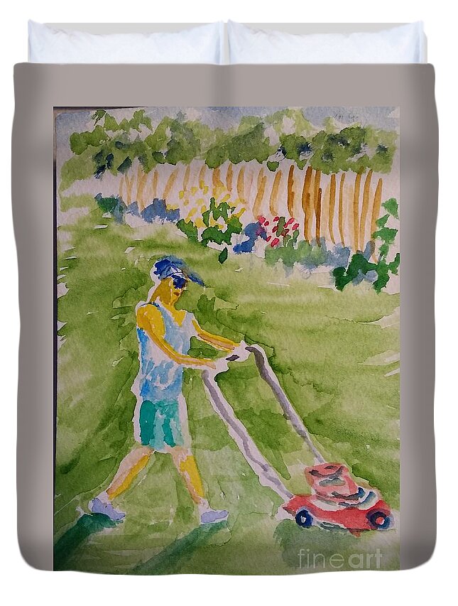 Mowing Duvet Cover featuring the painting Donna Mowing by Walt Brodis