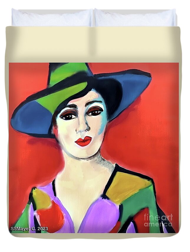 Contemporary Art Duvet Cover featuring the digital art Donna with Hat by Stacey Mayer