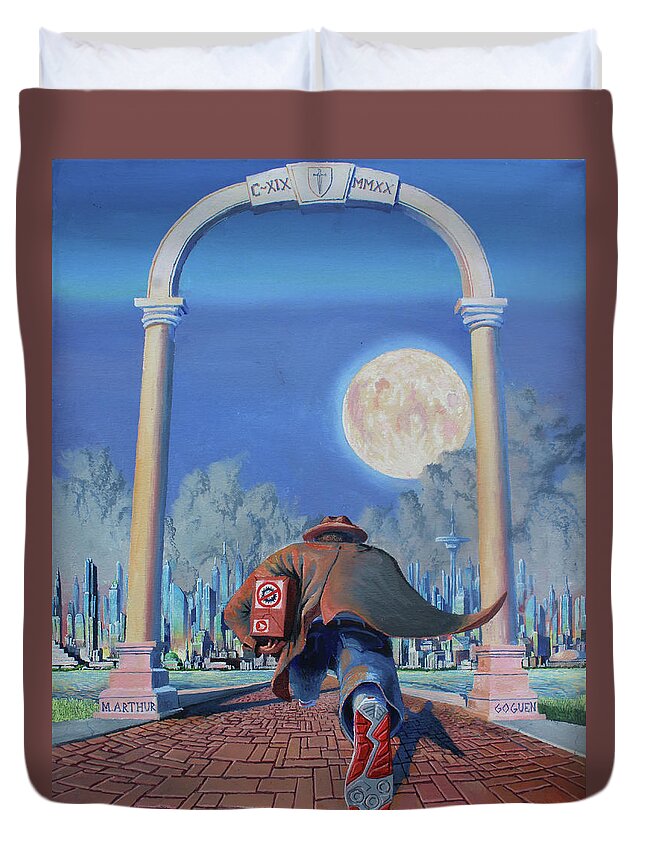 Pandemic Duvet Cover featuring the painting Don't be Late by Michael Goguen
