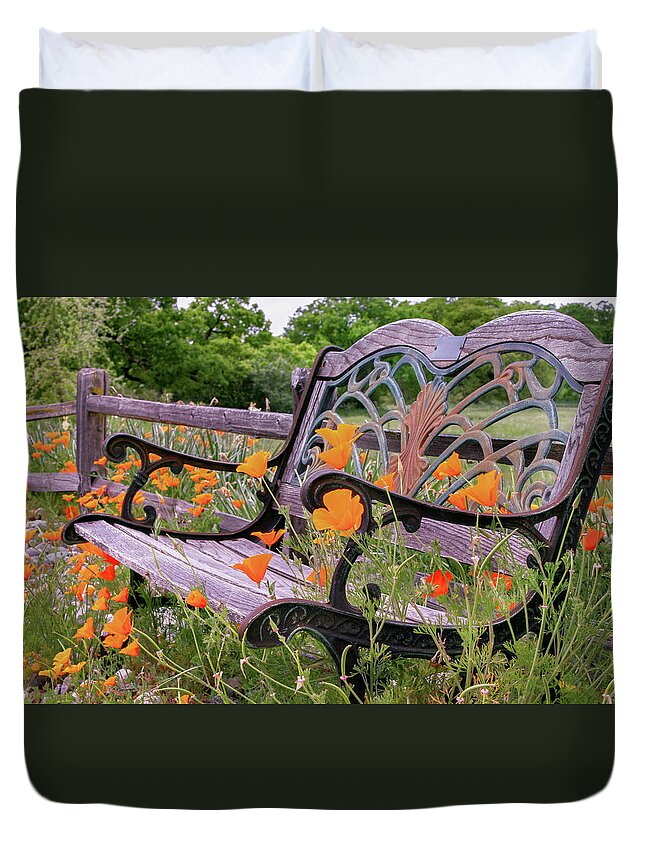 California Poppies Duvet Cover featuring the photograph Don't Sit on the Poppies by Sally Bauer