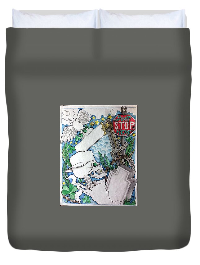 Black Art Duvet Cover featuring the drawing Don't Stop Here by Arnold Citizen aka Musafir