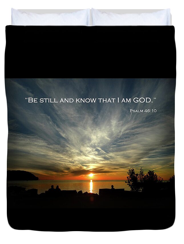 Sunset Duvet Cover featuring the photograph Sister Bay Sunset - Psalm 46 by David T Wilkinson