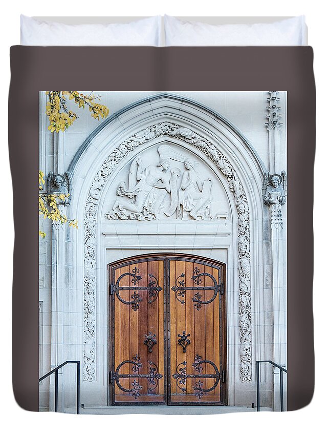 Architecture Duvet Cover featuring the photograph Door Details At Princeton University Chapel by Kristia Adams