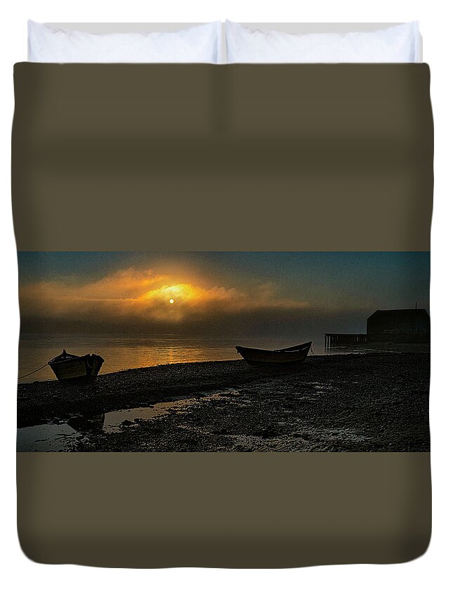 Dories Duvet Cover featuring the photograph Dories Beached in Lifting Fog by Marty Saccone