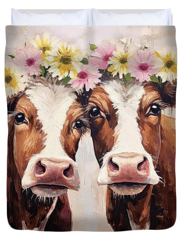 Brown Cows Duvet Cover featuring the painting Doris And Dolly by Tina LeCour