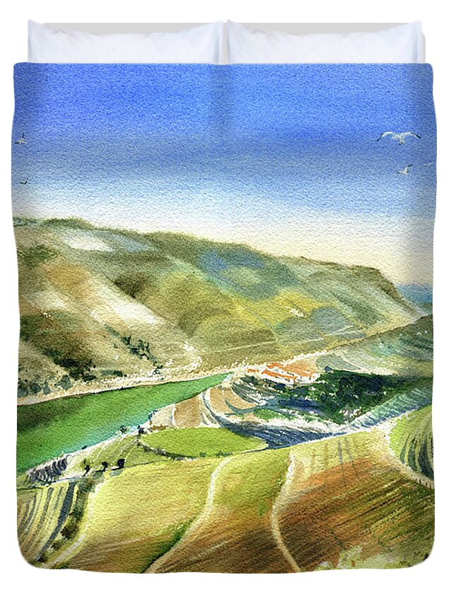Portugal Duvet Cover featuring the painting Douro Valley Scenery Painting by Dora Hathazi Mendes
