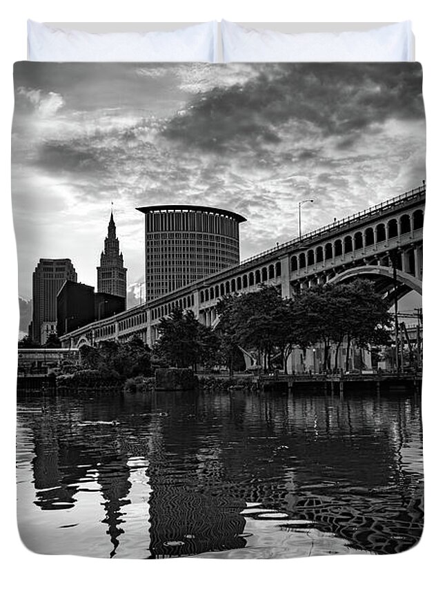 Cleveland Skyline Duvet Cover featuring the photograph Downtown Cleveland Skyline - Grayscale Edition by Gregory Ballos