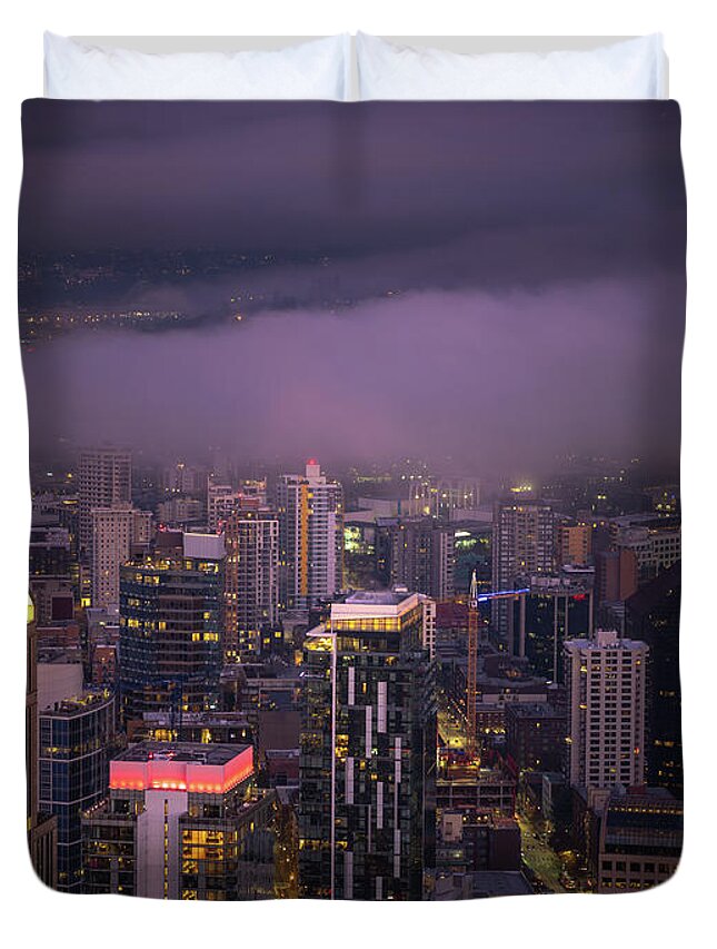 Seattle Duvet Cover featuring the photograph Downtown Seattle and the Space Needle in the Fog by Mike Reid