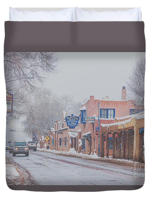 Taos Duvet Cover featuring the photograph Downtown Taos while snowing by Elijah Rael