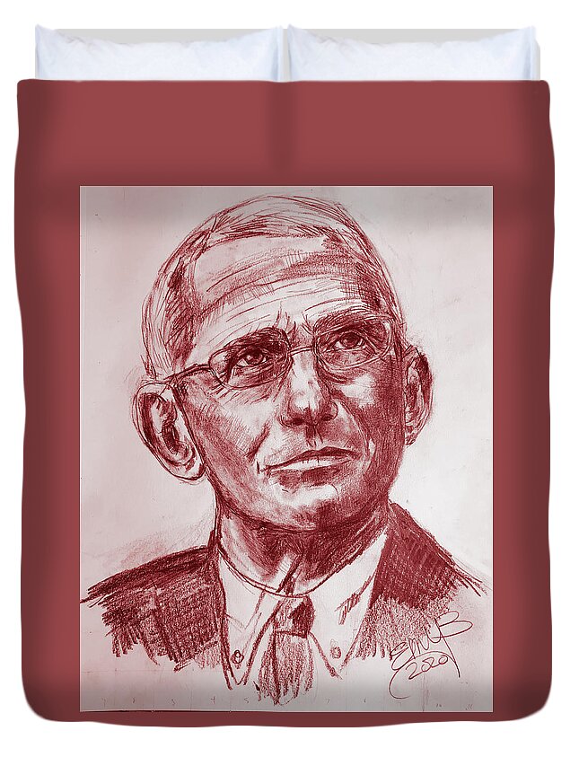 Fauci Duvet Cover featuring the mixed media Dr Fauci -- red tint by Eileen Backman