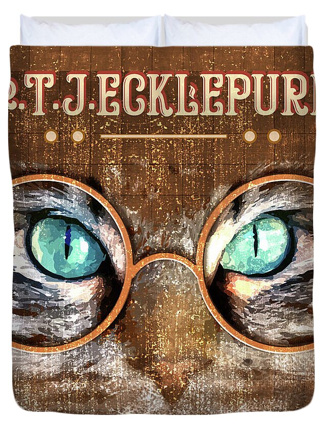 Dr Tj Ecklepurrg Duvet Cover featuring the mixed media Dr. T. J. Ecklepurrg is watching you - Dr. T.J Eckleburg - The Great Gatsby - Cat with glasses 02 by Studio Grafiikka
