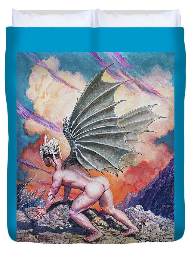 Male Nude Duvet Cover featuring the painting Dragon Boy by Marc DeBauch