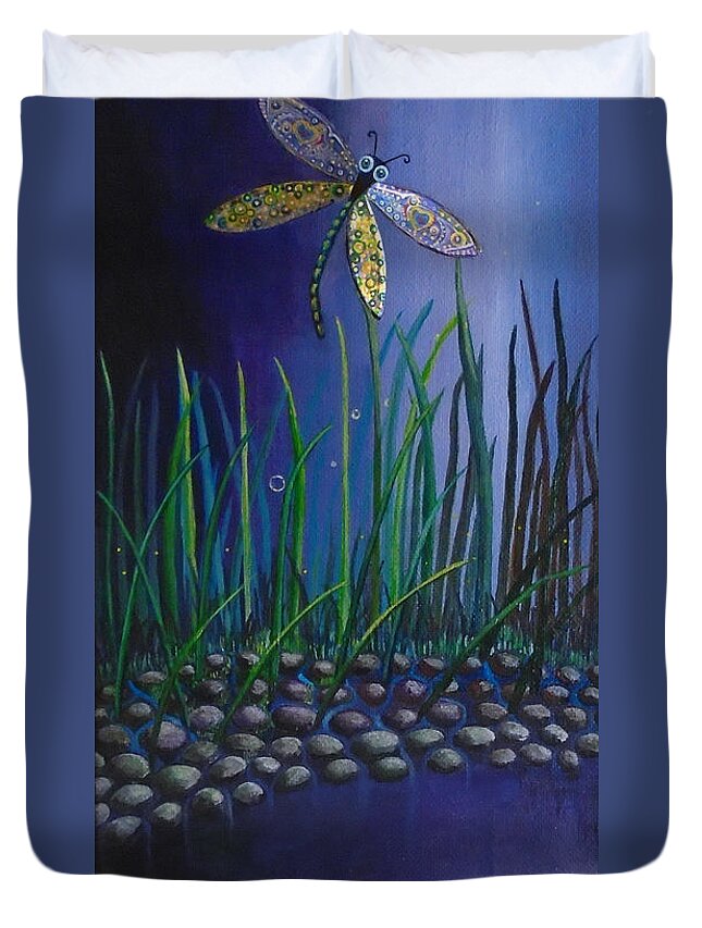 Dragonfly Duvet Cover featuring the painting Dragonfly at the Bay II by Mindy Huntress